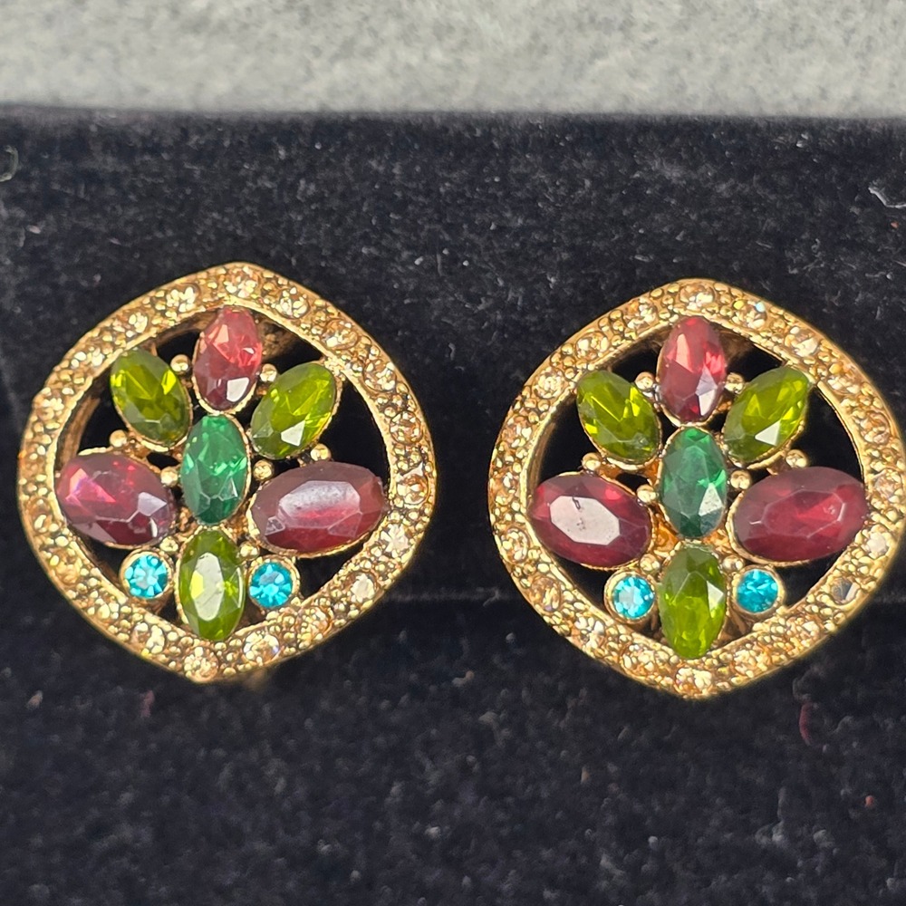 Monet Vintage Clip On Floral Earrings Gold Tone Multi Color Rhinestone Crystal